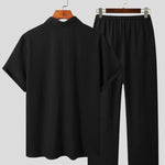 KZZ Summer Men's Textured Shirt and Tie Waist Suit Casual Suit