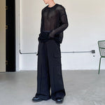 Mesh Cutout Leather Tab Off-Shoulder Top