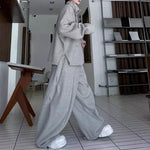 Retro Stand-up Collar Webbing Pullover Sweatshirt Wide-leg Trousers Two-piece Set