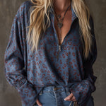Western-style Casual Leopard Print Blue Faux Suede Shirt
