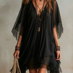 Green Chiffon V-neck Layered Flowy Mini Dress