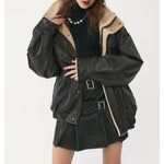 Stand Collar Lamb Wool PU Leather Jacket