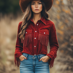 Outdoor Western Cowboy Red Suede Lapel Tassel Long Sleeve Shirt