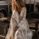 Apricot Lace V-neck Bell Sleeve Bohemian Maxi Dress