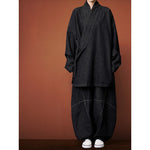 Women's Heavyweight Loose Cross Front Denim Kimono Cardigan Lantern Pants Two-piece Set