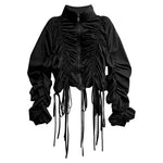Women's Drawstring Ruched Stand Collar Top Irregular Fringe Skirt Two-piece Set