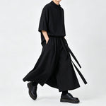 Japanese Loose Half Sleeve T-shirt High-waist Patchwork Wide-leg Skirt-pants Two-piece Set