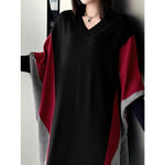 Women's Contrast Panel Loose Batwing Sleeve V Neck Knitted Dress