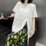 Women's Floral Pattern Lace Slit Hem T-shirt