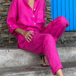 Casual Solid Color V-Neck Shirt & Pants Cotton Linen Two-Piece Set