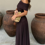 Brown One Shoulder Mesh Maxi Dress