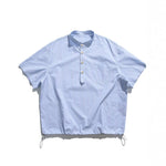 Blue White Striped Band Collar Casual Popover Shirt