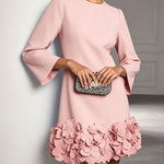 Black Round Neck 3D Floral Ruffle Hem Mini Dress
