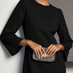 Black Round Neck 3D Floral Ruffle Hem Mini Dress