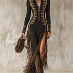 Black Stand Collar Zip Front Gold Embroidery High Slit Fringe Maxi Dress