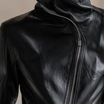 Personality And Fashion High Collar Oblique Zipper Black PU Jacket