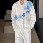 3D Blue Handmade Floral Long-Sleeved Shirt