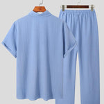 KZZ Summer Men's Textured Shirt and Tie Waist Suit Casual Suit