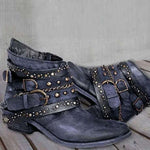 Vintage Washed Studded Buckles Ankle Boots