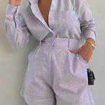 Cotton and Linen Long Sleeve Loose Shorts Set