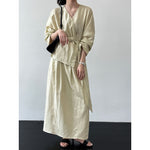 Women's V-Neck Tie-Waist Linen Shirt and Maxi Skirt Two-Piece Set