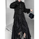 Women's Drawstring Ruched Stand Collar Top Irregular Fringe Skirt Two-piece Set