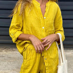 Casual Solid Color V-Neck Shirt & Pants Cotton Linen Two-Piece Set