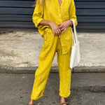 Casual Solid Color V-Neck Shirt & Pants Cotton Linen Two-Piece Set