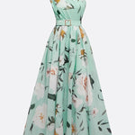 Light Green Floral Ruched One Shoulder A-Line Maxi Chiffon Dress