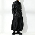 Japanese Loose Pleated V Neck PU Leather Jacket