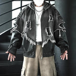Patchwork Leather Distressed Frayed Edge Denim Hooded Jacket