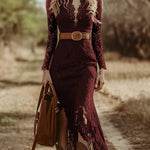 Vintage Bohemian Blue Lace Long Sleeve Midi Dress