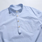 Blue White Striped Band Collar Casual Popover Shirt
