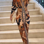 Unique Print Dolman Long Sleeve Ruched Slit Midi Dress