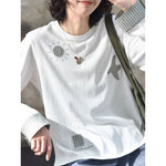 Women's Japanese Loose Graphic Striped Patchwork Crewneck T-shirt