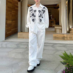 Embroidery Cotton and Linen Shirt Outline Casual Pants Two-piece Set
