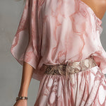 Retro Urban Style Pink Snake Print One-shoulder T-shirt And Wide-leg Pants Set