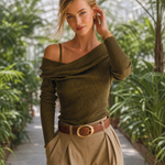 Olive Ribbed Knit Asymmetric Off-Shoulder Foldover Long-Sleeve Fitted Sweater Top Women