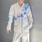 3D Blue Handmade Floral Long-Sleeved Shirt