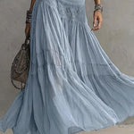 BLUE LACE-PANELED TOP AND PLEATED MAXI SKIRT SET