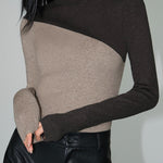 Asymmetric Patchwork Long Sleeve Mock Neck Knit Top