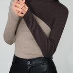 Asymmetric Patchwork Long Sleeve Mock Neck Knit Top