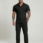 KZZ Men's Two-piece Suit Shirt and Elastic Waist Pants Set