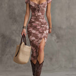 Sweetheart Neck Puff Sleeve Bodycon Midi Dress With Slit