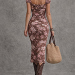 Sweetheart Neck Puff Sleeve Bodycon Midi Dress With Slit