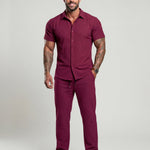 KZZ Men's Two-piece Suit Shirt and Elastic Waist Pants Set