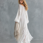 Soft And Cozy Long-haired White Knit Lace Hem Maxi Dress
