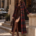 Women's Tartan Plaid Military Style Long Velvet Coat