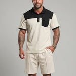 KZZ Men's Solid-Color Half-Zip Polo Shirt & Shorts Two-Piece Set