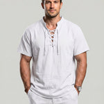 KZZ Men's summer linen stand-up collar short-sleeved shirt